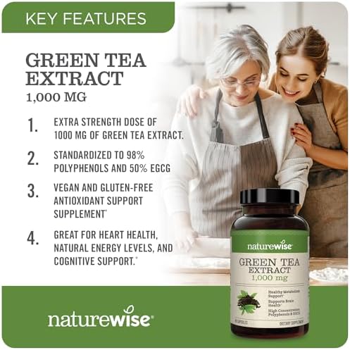 NatureWise Green Tea Extract Capsules (Капсулы) 1000 mg - 50% EGCG & 98% Polyphenols - Extra Strength Antioxidants for Heart Health and Energy - Vegan, Gluten Free, Non-GMO - 60 Capsules[1-Month Supply] NatureWise