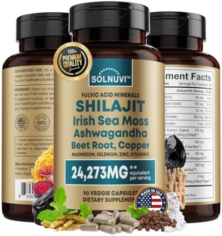 Shilajit Pure Himalayan Organic Capsules 15000mg with Irish Sea Moss, Ashwagandha, Copper, Beet Root - Fulvic Acid Trace Minerals Supplement for Men & Women - 90 Count, Non-GMO, Gluten-Free SOLNUVI