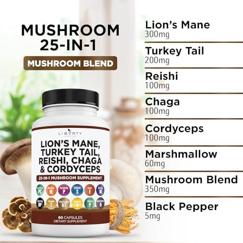 Lions Mane 3000mg 20in1 Mushroom Supplement with Turkey Tail 2000mg Reishi 1000mg Cordyceps Chaga 1000mg with Marshmallow Root -1 Pack Liberty Lifestyle