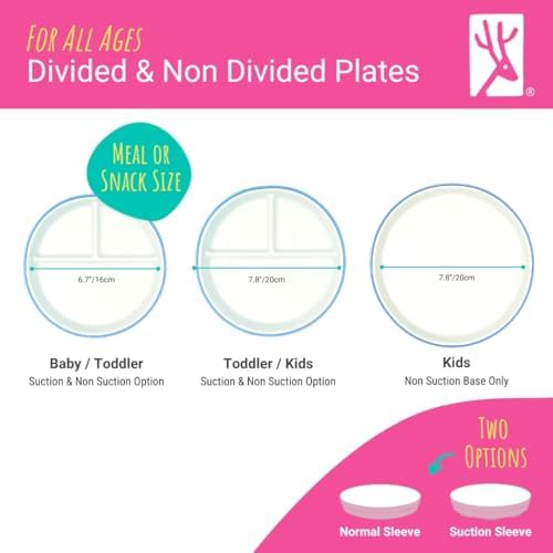 Elk and Friends Kids 6.7” Porcelain White Plates with Silicone Suction Sleeves Sleeves | Divided Plates | Suitable for Babie/Kids/Toddlers | Microwave & Dishwasher Safe | Non Slip | Snack Dishes Elk and Friends