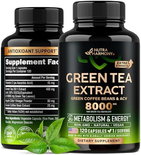 Green Tea Extract Capsules (Капсулы) 8000 mg - with Green Coffee Beans & Apple Cider Vinegar - Energy & Metabolism Support - Green Tea Supplement 50% EGCG - 20:1 Natural Extract - for Men & Women - 120 Capsules NUTRAHARMONY