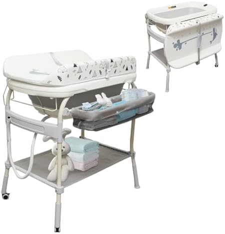 2 in 1 Baby Bathtub with Changing Table, DEYGIA Waterproof Diaper Changing Station Portable Changing Table Adjustable Height Nursery Organizer with Storage Racks for Newborn Infant Toddler DEYGIA