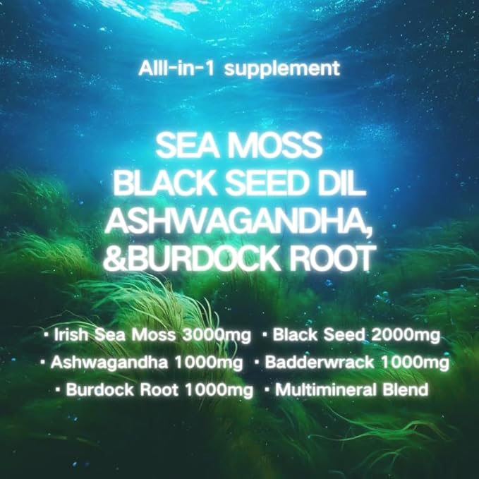 Sea Moss Black Seed Oil 80g with Ashwagandha and Burdock Root Capsules (Капсулы) 60 Capsules - Herbal Supplement for Men&Women Generic