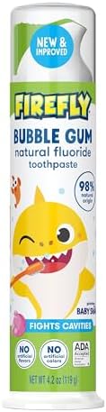 Firefly Kids Anti-Cavity Natural Fluoride Toothpaste, Baby Shark, Bubble Gum Flavor, ADA Accepted, 4.2 OZ Firefly