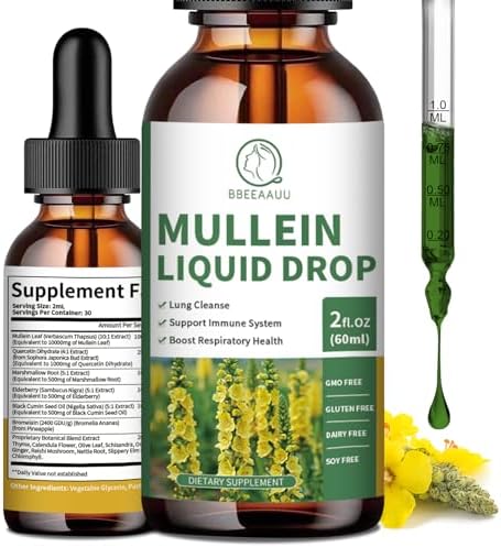 Mullein Drops (Капли) for Lungs, Mullein Leaf Extract 1000MG for Lung Cleanse, Respiratory, Immunity, with Quercetin, Marshmallow, Black Cumin Seed, Elderberry, Mullein Tincture, Non-GMO, 2 Fl Oz BBEEAAUU