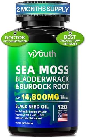 Sea Moss Capsules (Капсулы) - Irish Sea Moss Advanced 9000mg Black Seed Oil 1500mg Ashwagandha 2000mg Turmeric 500mg Burdock Bladderwrack Vitamin, Organic Seamoss Pills Supplement for Immunity Gut Energy, 120ct VIYOUTH