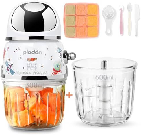 Baby Food Maker Mini Cute and Small Food Processor Puree Blender Grinder Chopper 2 Cup Glass Bowl, Spaceman-White Plodon