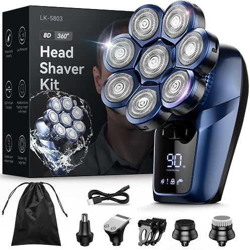 8D Head Shavers for Bald Men, Bazivve Upgraded Men's Rotary Shaver with Nose Hair Trimmer, Waterproof Electric Razor Grooming Kit with LED Display, Cordless, Portable, Blue Bazivve