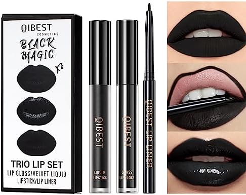 3Pcs Black Matte Liquid Lipstick,Lip Liner,Lip Gloss Trio Lip Set Waterproof Long-Lasting Moisturizing Velvety Lip Stain One Step Lips Makeup Kits (12#) Pakivs