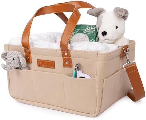 Shelvin Baby Diaper Caddy Organizer with Removable Shoulder Strap- Nursery Storage Bin, Wipes Lightweight Felt Tote Bags Portable Storage for Infant Newborn Car Travel,Changing Station Shelvin