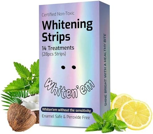 Whiten’em Teeth Whitening Strips for Sensitive Teeth 14 Treatments (28 Strips) Peroxide Free - Enamel Safe - Sensitivity Free Stain Removal - Coconut Oil - Non-Toxic Whiten'em