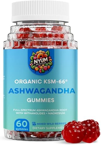 Nyum Nutrition Organic KSM-66 Ashwagandha Gummies (Жевательные конфеты), 60 Count, Mixed Wild Berries, Red/Blue Generic