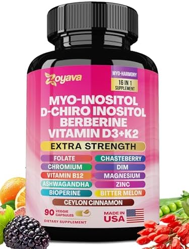 Myo-Inositol Supplement 750mg, Berberine 500mg, D-Chiro Inositol 50mg, Folate 400mcg, Chromium 100mcg, Ceylon Cinnamon 200mg, Ashwagandha 100mg, DIM 75mg, Vitex Chasteberry 150mg, 90 Capsules Zoyava