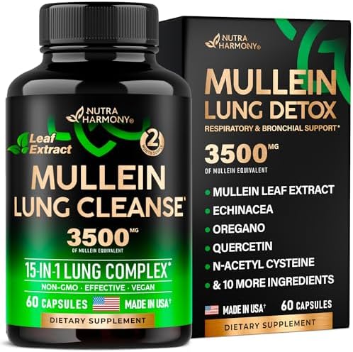 Mullein Leaf Extract for Lung Detox 3500 mg - Echinacea | Oregano | Quercetin | NAC - 15-in-1 Lung Support Supplement - Cleanse for Smokers - Made in USA - As Drops (Капли), Tea, Tincture, 60 Vegan Capsules (Веганские капсулы) NUTRAHARMONY