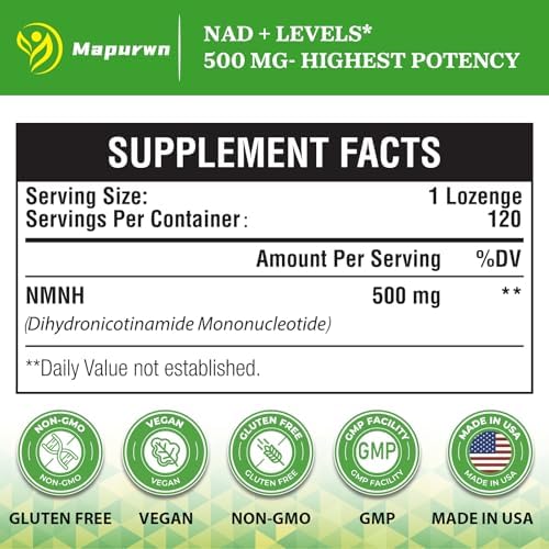 NMNH (Dihydronicotinamide Mononucleotide), NMN Supplement Alternative 500mg per Serving (Порция) NAD NMNH Supplements for Women to Boost NAD+ Levels As We Age, Anti Aging, Energy, Focus, Non-GMO, 120 Count Mapurwn