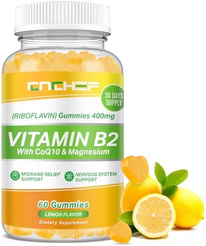 Vitamin B2 Gummies (Жевательные конфеты), Riboflavin 400mg Supplement with Magnesium Glycinate & CoQ10 for Adults & Kids, Support Migraine Relief & Nervous System, Boost Energy, Sugar Free Vegan B2 Gummies Lemon Flavor CNCHEF