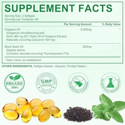 Oil of Oregano with Black Seed Oil, 6000mg Oregano Oil Capsules Organic, Oil of Oregano Supplement Capsules, Natural Antioxidants, Non-GMO, Gluten Free, 120 Softgels Pack of 1 (120 Count (Pack of 1)) Onznoz