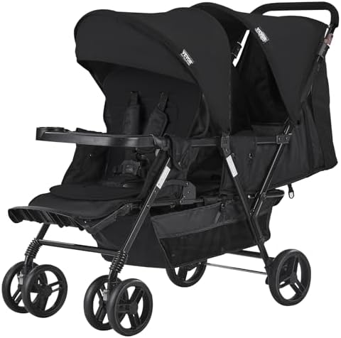 VEVOR Double Stroller, Foldable Lightweight Twin Stroller with Tandem Seating, Adjustable Backrest/Footrest, Wrap-Around Safety Harness, Storage Basket & Tray, for Newborn and Toddler (Black) VEVOR