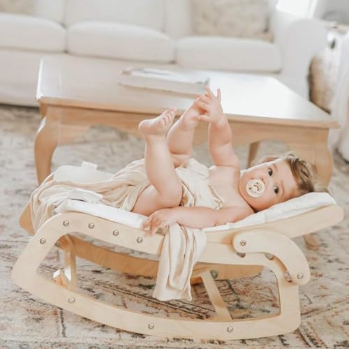 3-in-1 Baby Bouncer, Convertible Wooden Rocker Chair, Adjustable Baby Recliner with Removable Cushion, Seat Belt and Booster for Infants to Toddlers, Beige Mallify