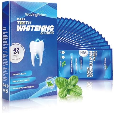 Sensitive Teeth Whitening Strips Kit: Professional Dental Whitening Set - 21 Hydrogen Peroxide-Free Treatments for Whiter Teeth - Effective & Gentle Teeth Whitener Waving Palms