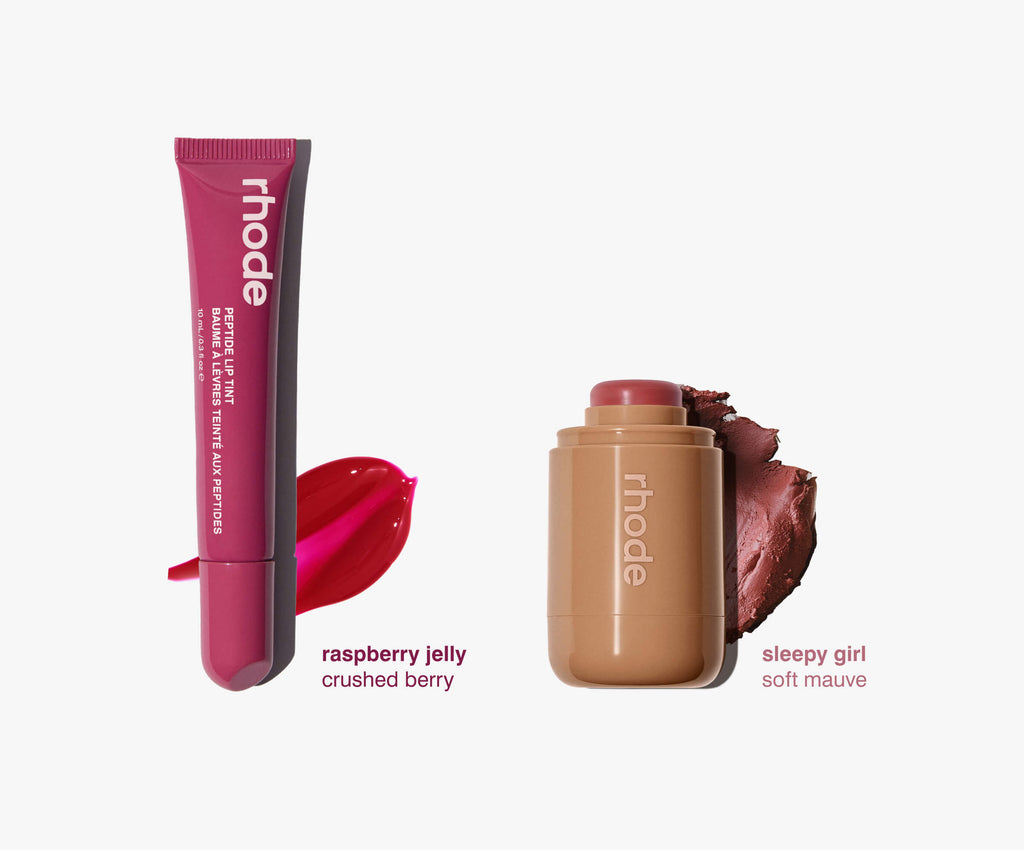 Комплект из двух продуктов: румяна Pocket Blush в цвете Sleepy Girl и липтинт Peptide Lip Tint в оттенке Raspberry Jelly Rhode