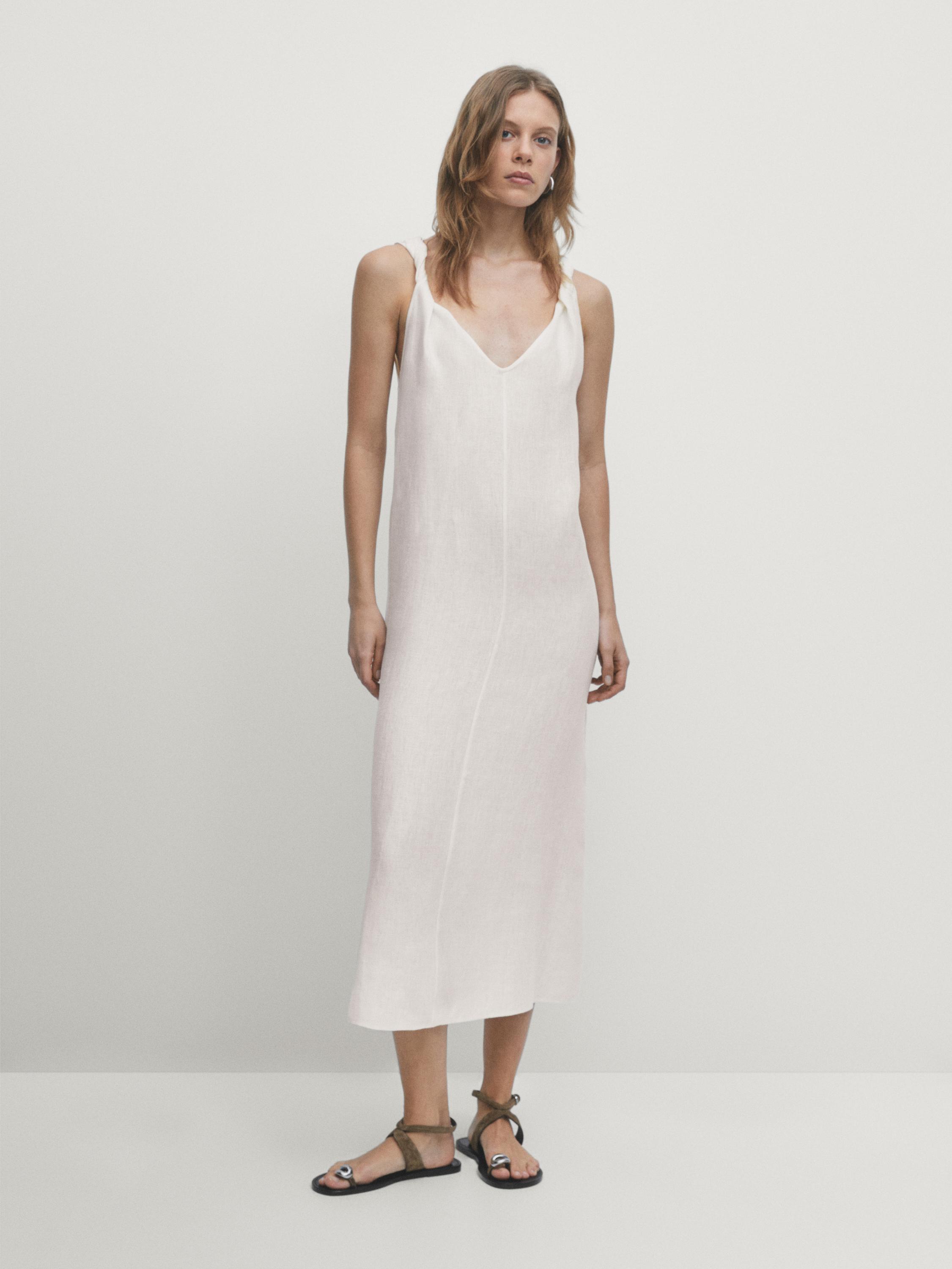 Linen midi dress with strap details Massimo Dutti