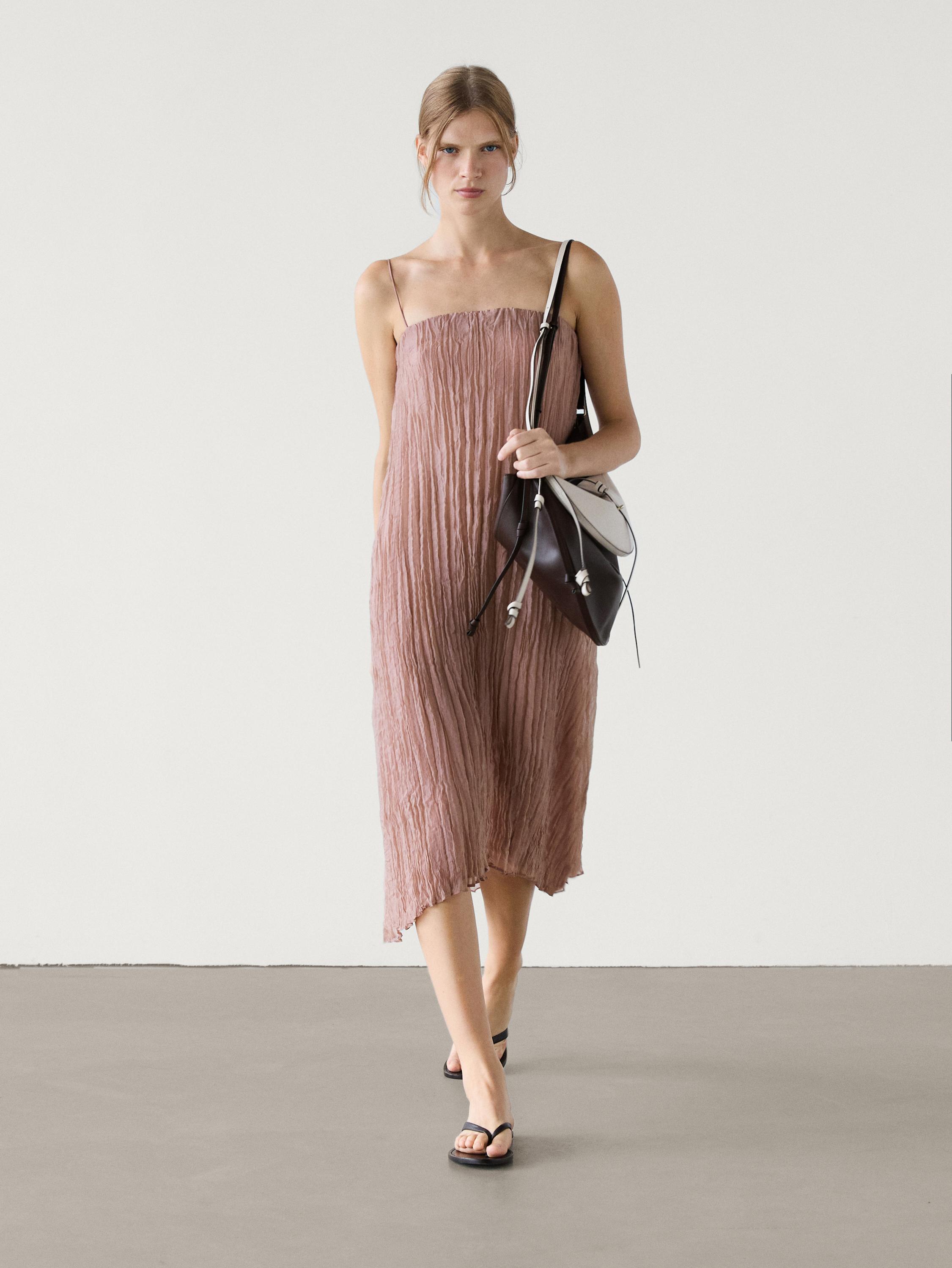 Pleated strappy midi dress Massimo Dutti