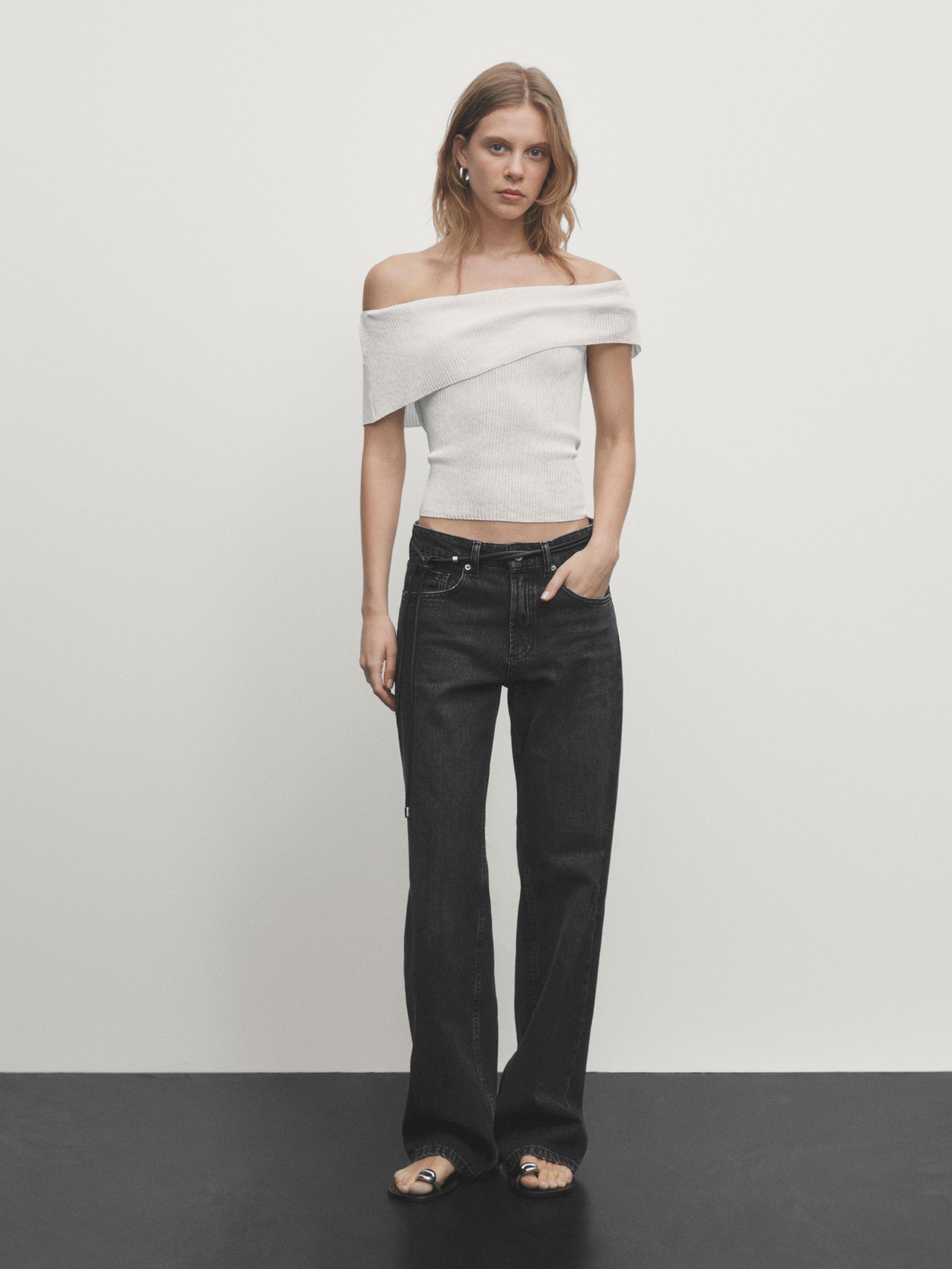 Женская Футболка Massimo Dutti Ribbed off-the-shoulder top Massimo Dutti