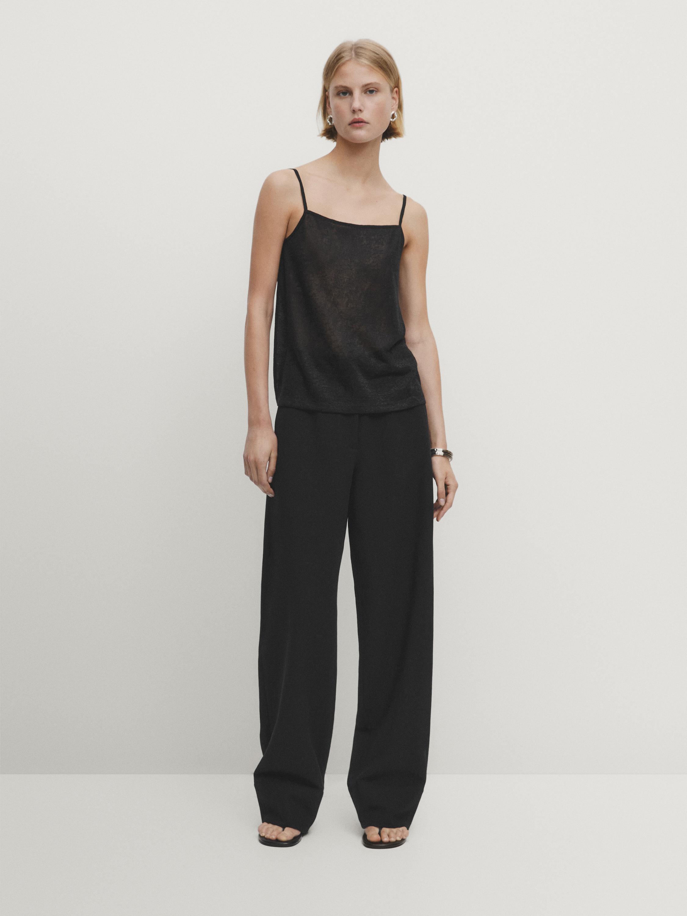 Strappy linen blend top with straight neckline Massimo Dutti