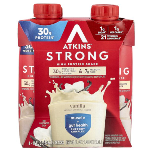 Strong, High Protein Shake, Vanilla , 4 Count, 11 fl oz (Жидкие унции) (325 ml) Each Atkins