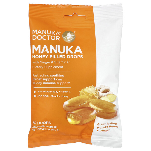 Manuka Honey Filled Drops (Капли) with Ginger & Vitamin C, 30 Drops Manuka Doctor