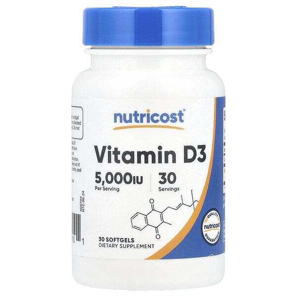 Vitamin D3, 5,000 IU, 30 Softgels Nutricost