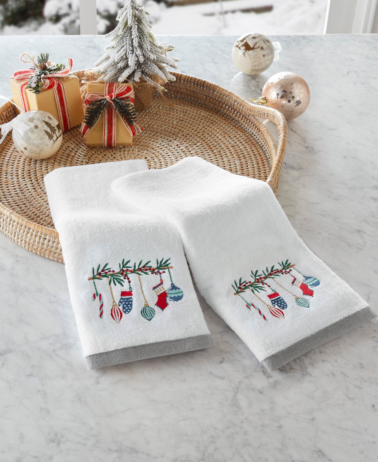 Hanging Ornaments Embroidered 2-Pc. Hand Towel Set, Created for Macy's Holiday Lane