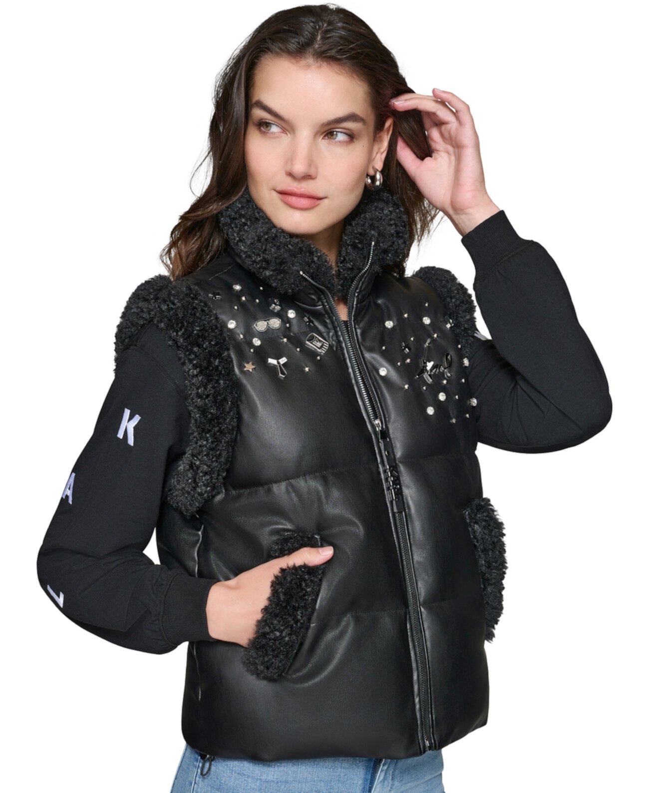 Women's Faux-Leather Embellished Puffer Vest Karl Lagerfeld Paris