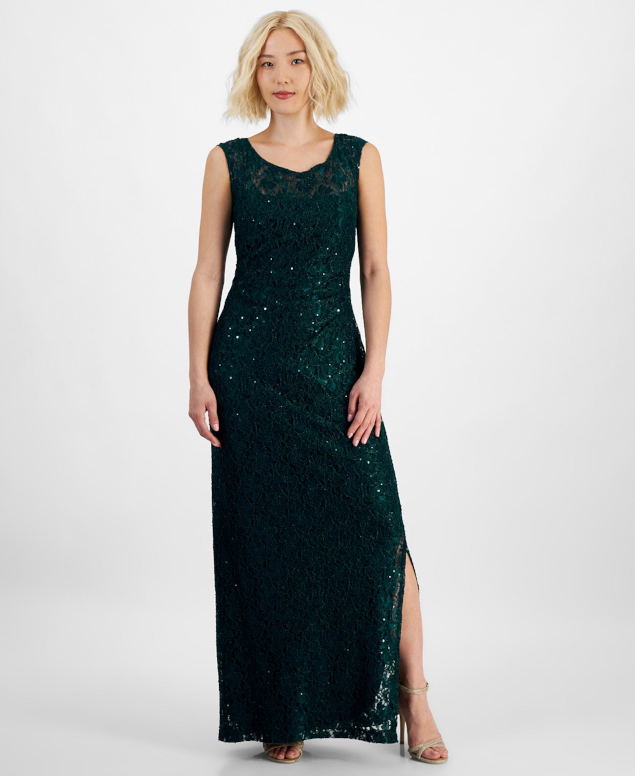 Женское Платье Connected Petite Boat-Neck Sleeveless Sequin Gown Connected