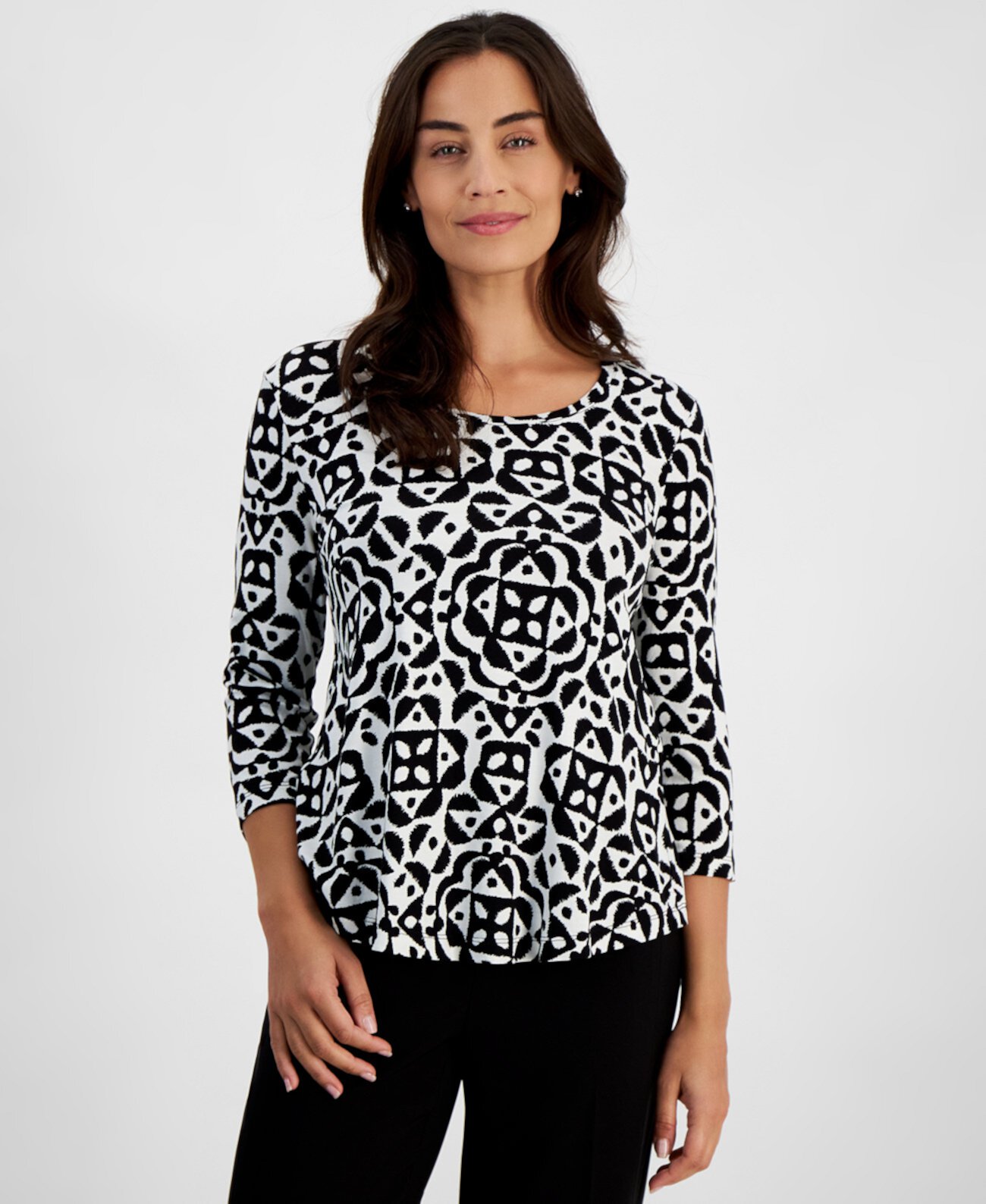 Petite Randeur Printed 3/4-Sleeve Scoop-Neck Top, Created for Macy's J&M Collection