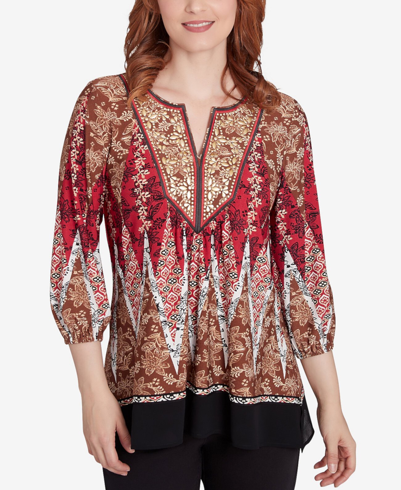 Женская Блузка Ruby Rd. Petite Embellished Placket Decorative Border Print Knit Top with Three Quarter Balloon Sleeves Ruby Rd.