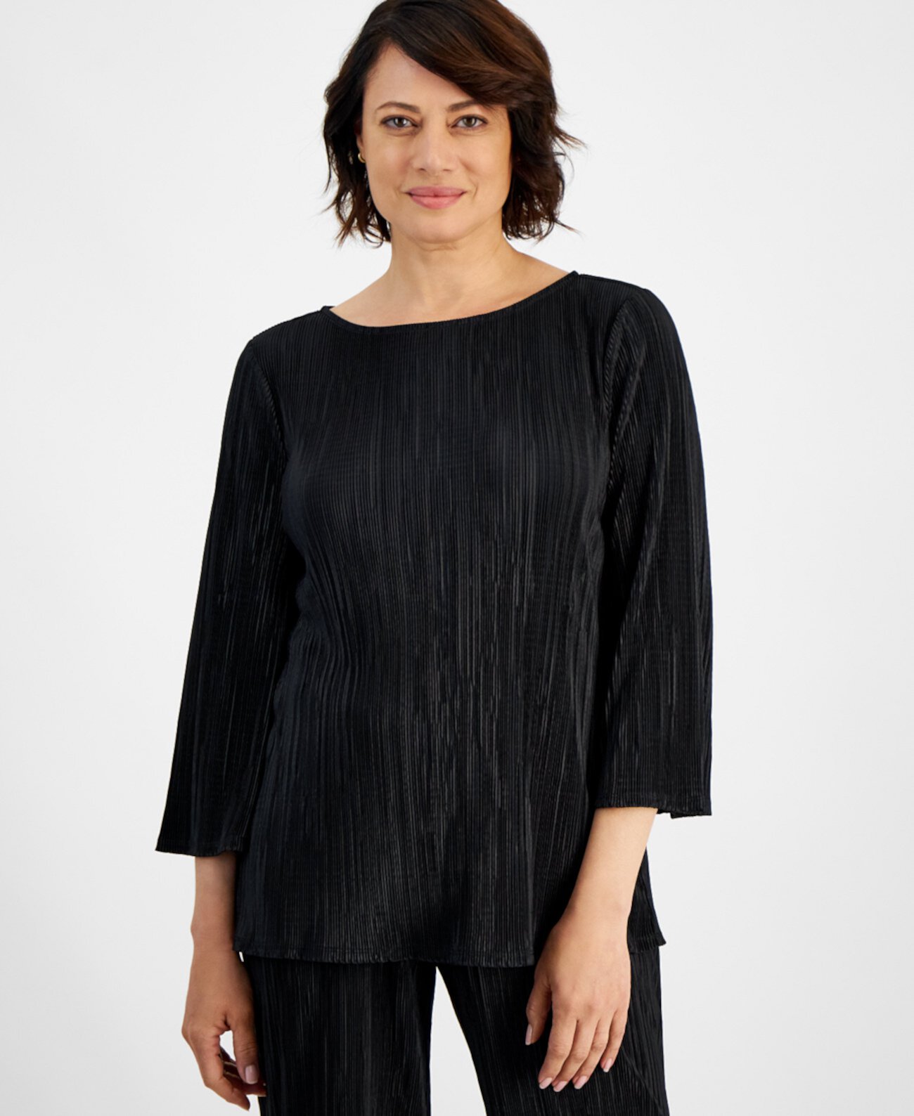 Women's Boat-Neck 3/4-Sleeve Plissé Top, Created for Macy's J&M Collection