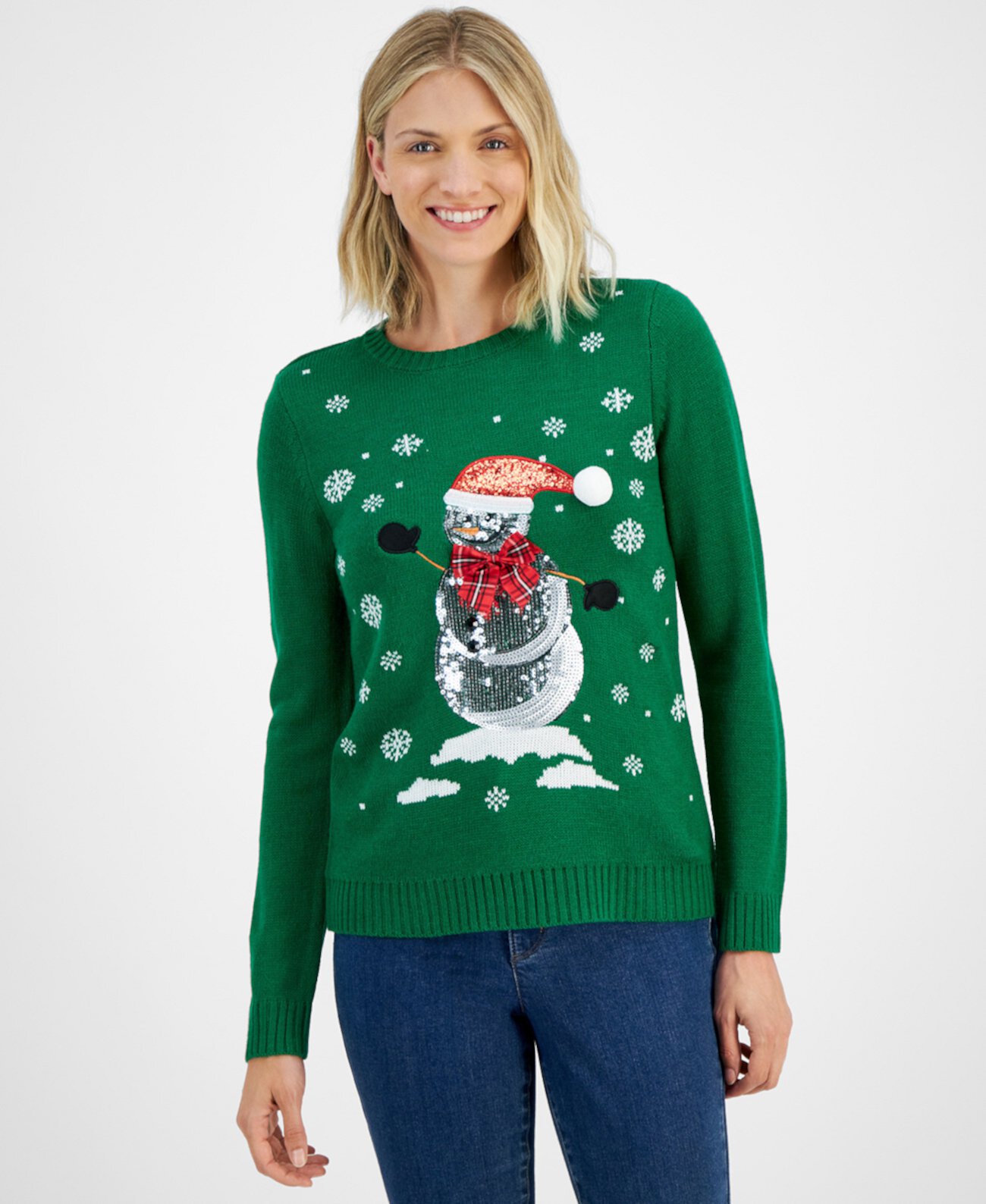 Women's Sequined Snowman Crewneck Sweater, Created for Macy's Holiday Lane