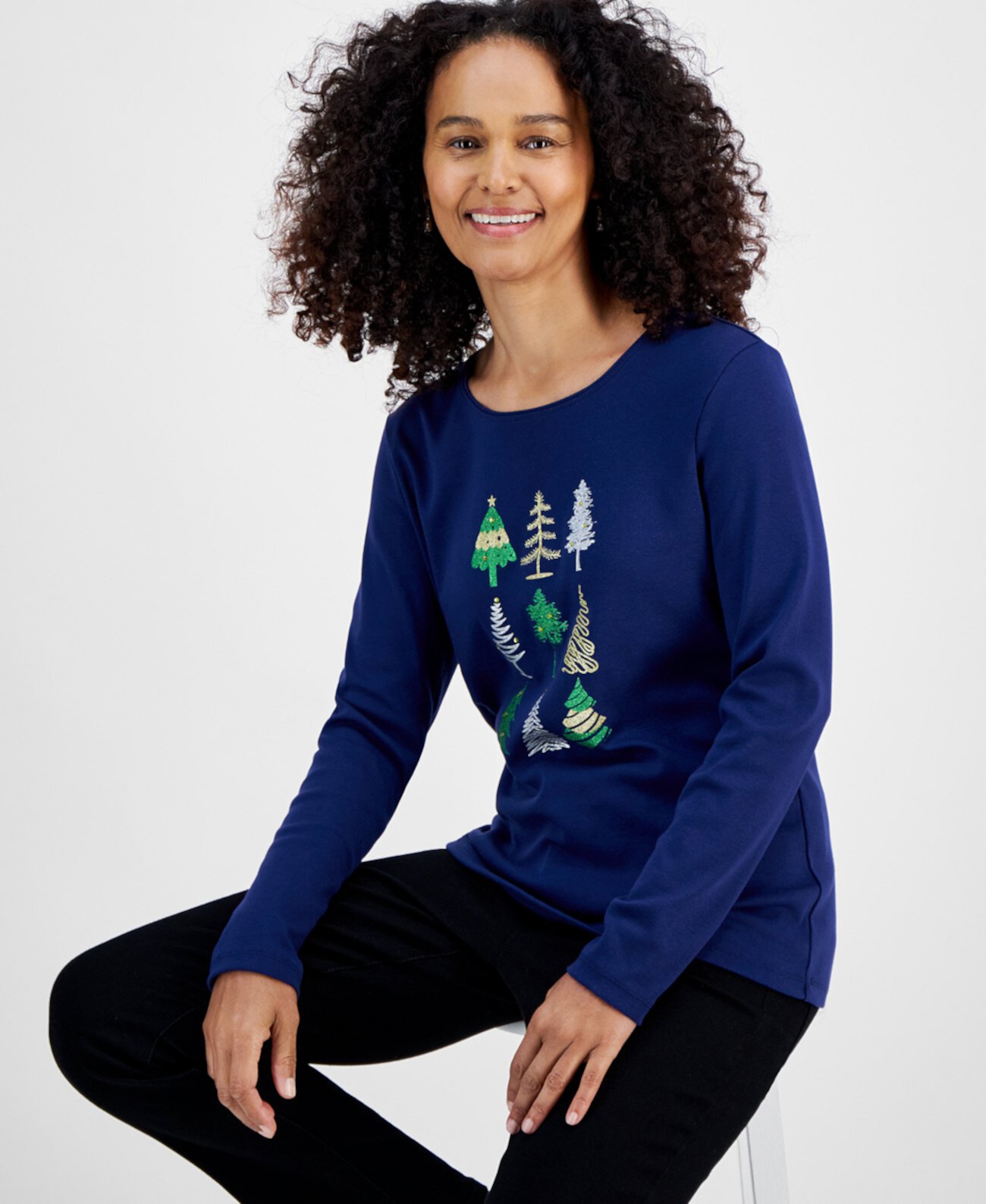 Women's Festive Tree Long-Sleeve Top, Created for Macy's Holiday Lane