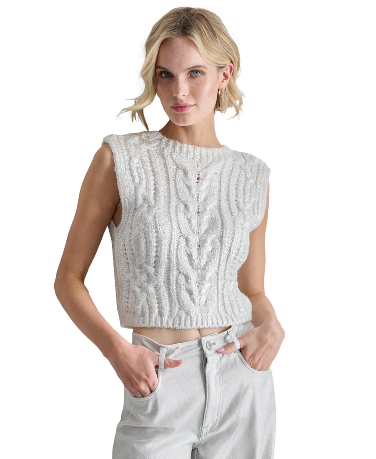 Женский Пуловер DKNY Petite Cropped Cable-Knit Metallic-Threaded Sleeveless Sweater DKNY