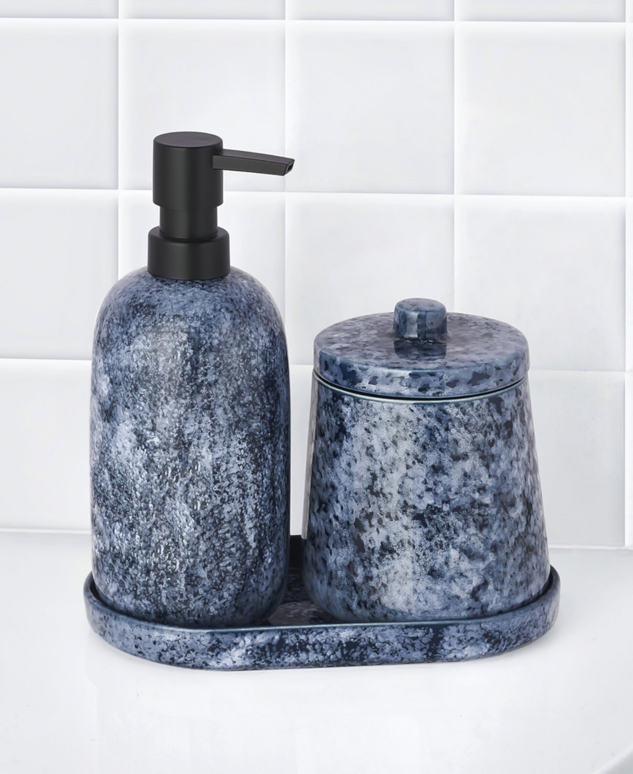 Blue Speckled Stoneware 3-Pc. Bathroom Accessory Set Lavender and Sage