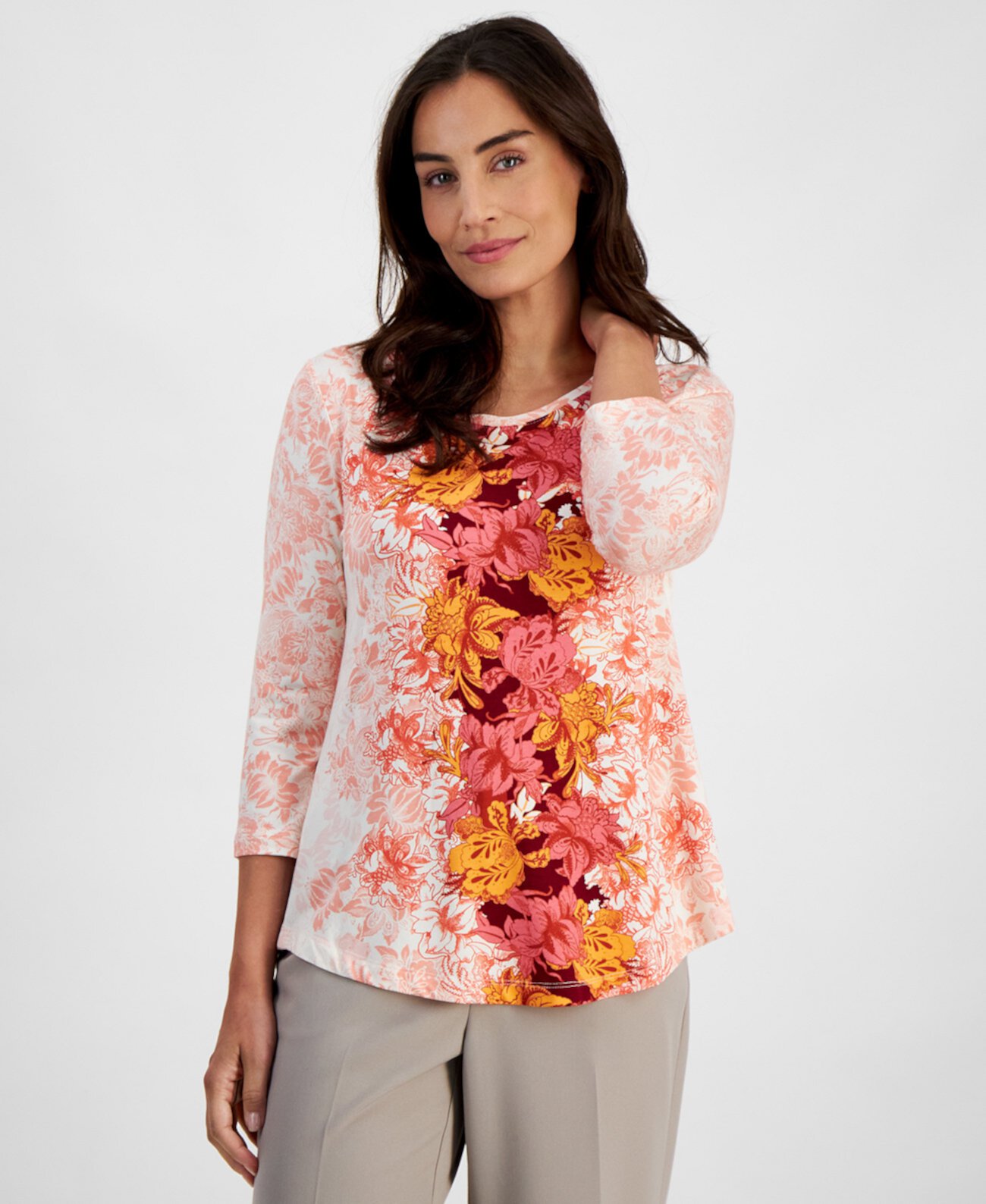 Petite Ombré Floral 3/4-Sleeve Top, Created for Macy's J&M Collection