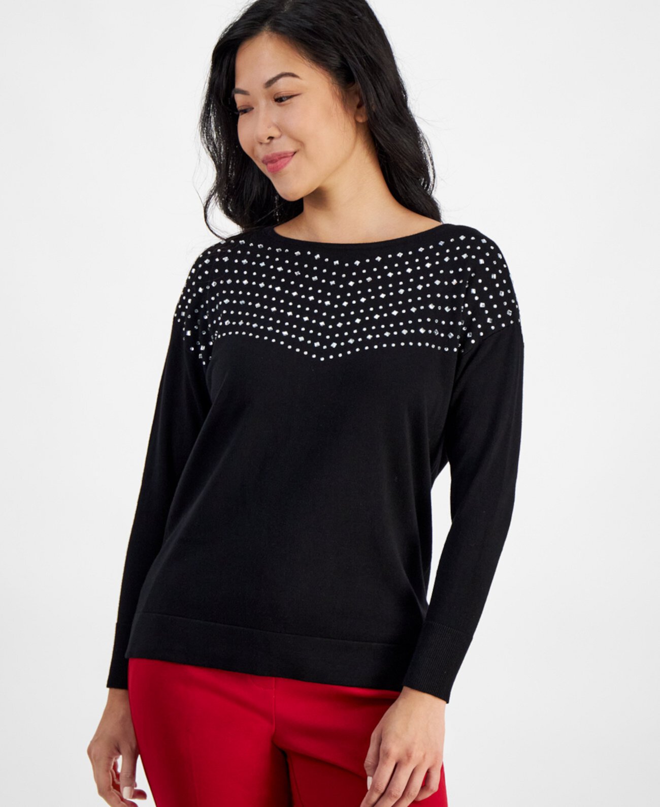 Petite Embellished Boat-Neck Sweater AK Anne Klein