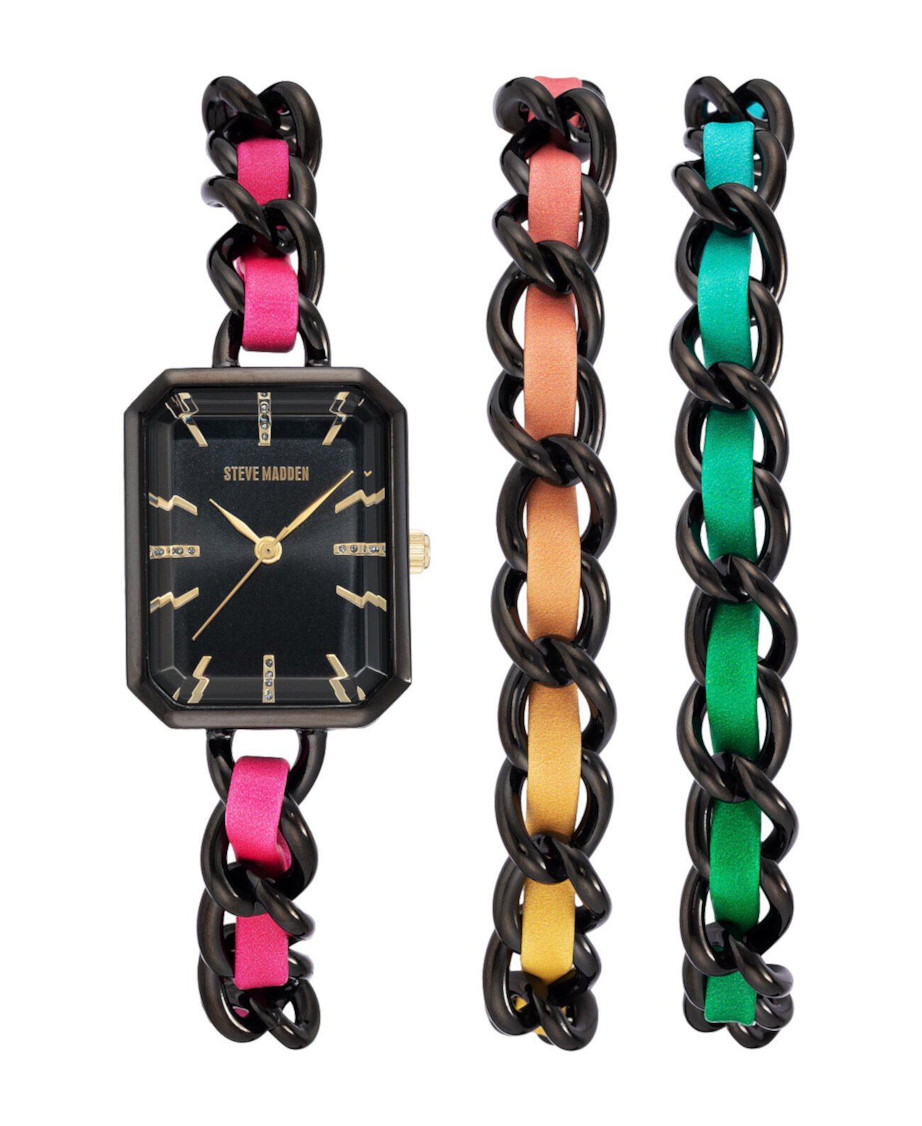 Смарт часы Steve Madden Women's Rainbow Polyurethane Leather Strap with Attached Black-Tone Chain Watch Set, 22X28mm Steve Madden