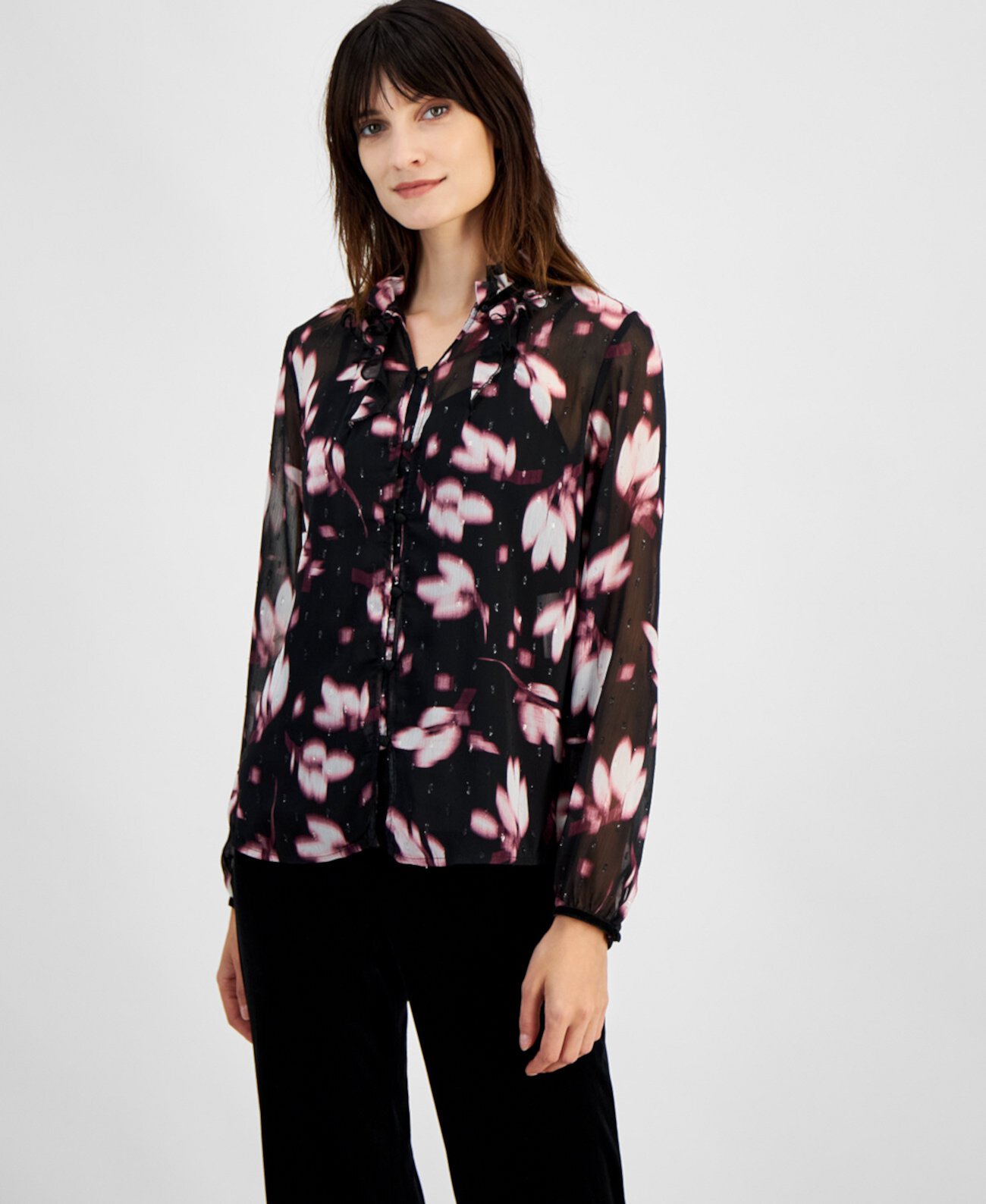 Женская Блузка Anne Klein Petite Floral Clip-Dot Ruffle-Neck Anne Klein