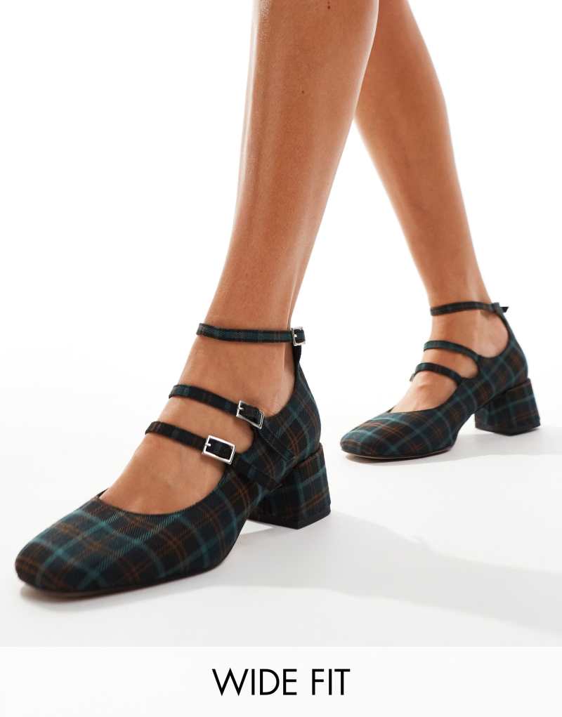 ASOS DESIGN Wide Fit Socco mid block heeled mary jane shoes in plaid ASOS DESIGN