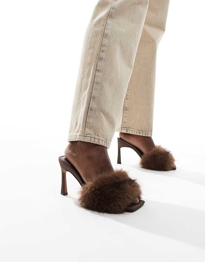 ASOS DESIGN Heartbreak fur mid heeled mules in brown ASOS DESIGN