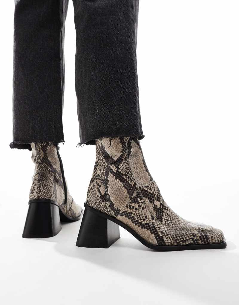 ASOS DESIGN Ria mid heel leather boots in natural snake ASOS DESIGN