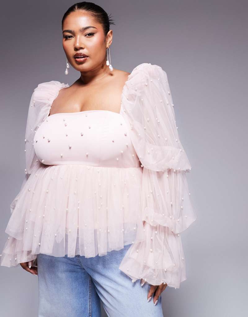 ASOS LUXE Curve tulle baby doll top with pearl embellishment in pink ASOS Luxe